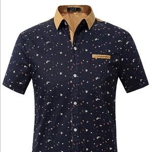 Men’s Navy Printed Button Down Short Sleeve Shirt